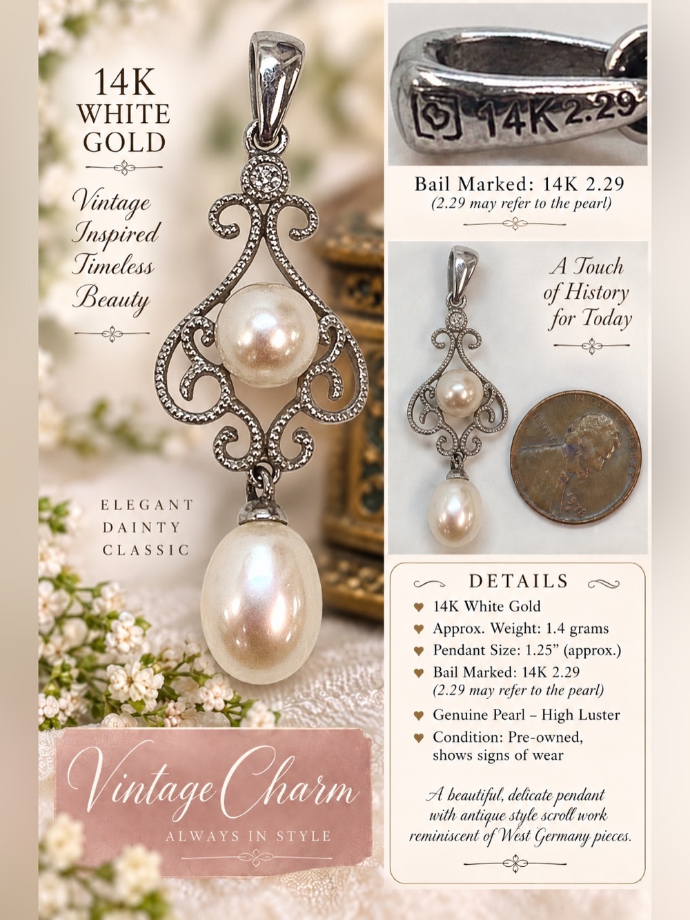 COMING SOON | 14K White Gold Pearl Drop Pendant | Vintage-Inspired Scrollwork
